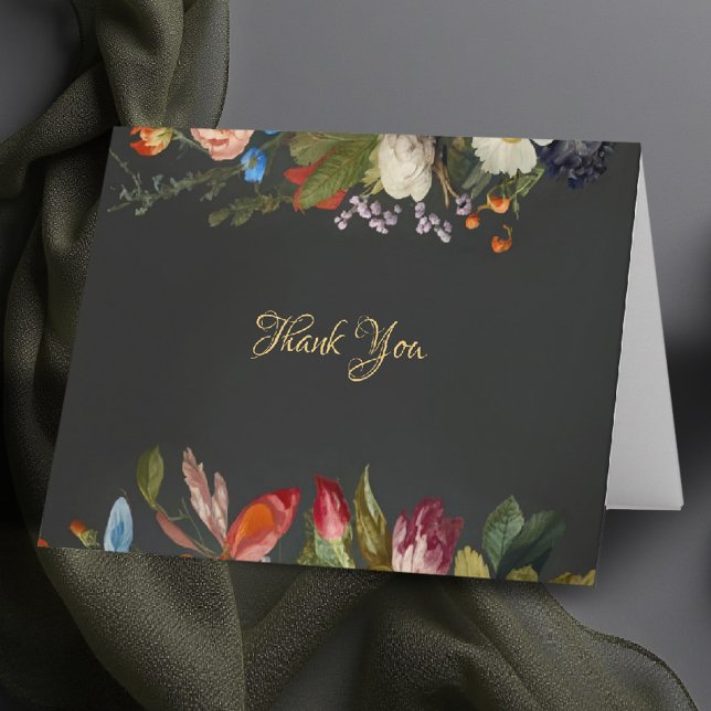 Cartão De Agradecimento Moody Romantic Gothic Dark Floral Wedding (moody wedding folded thank you card dark romantic gothic elegant modern classic floral oil painting)