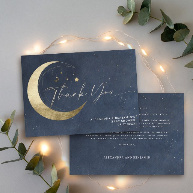 Cartão De Agradecimento Moon Stars Starry Night Twinkle Navy Baby Shower (over the moon baby shower thank you navy blue gold stars mobile celestial twinkle starry night)