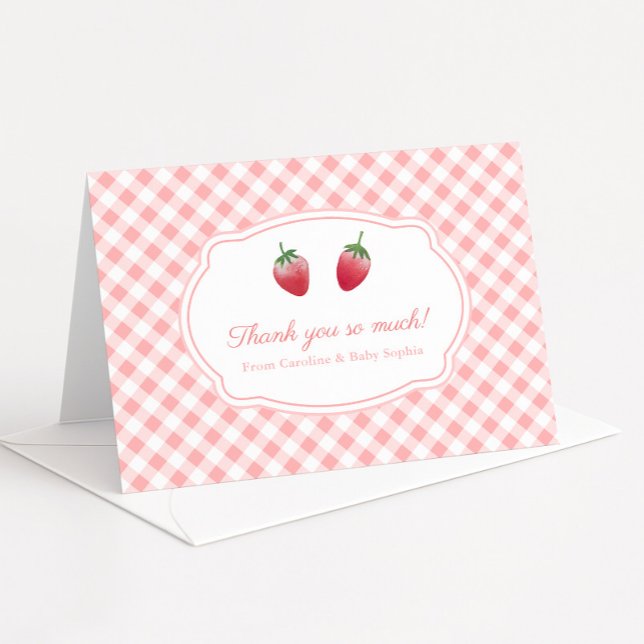 Cartão De Agradecimento Morangos Doces e Xadrez Branco e Rosa (Berry Sweet watercolor strawberries & pink gingham folding thank you card for baby or bridal shower)