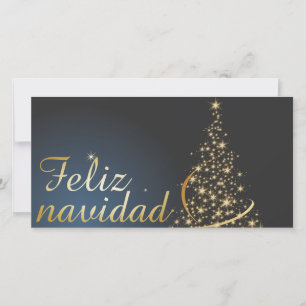 Cartão De Agradecimento Motivo natalino azul com árvore de natal dourada.
