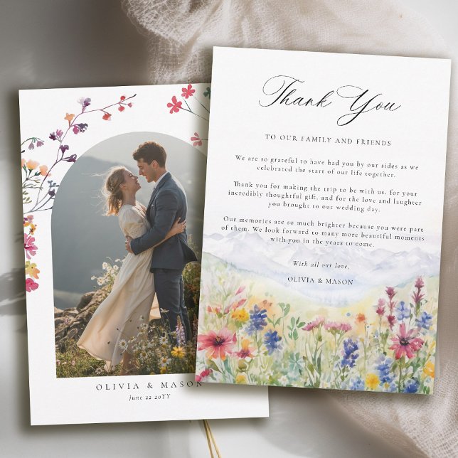 Cartão De Agradecimento Mountains Scene Rustic Meadow Wildflowers Wedding (mountains wedding thank you card boho arch photo wildflowers meadow floral watercolor)