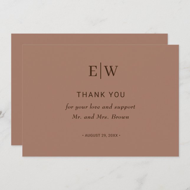 Cartão De Agradecimento Mousse Simples Elegante Mocha com Casamento Monogr (Frente/Verso)