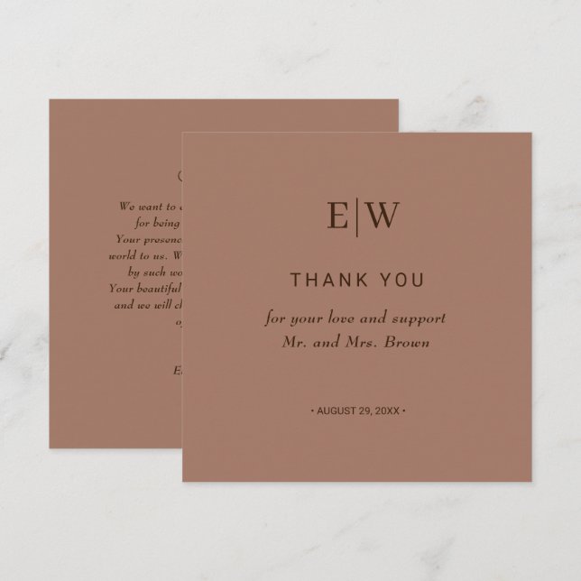 Cartão De Agradecimento Mousse Simples Elegante Mocha com Casamento Monogr (Frente/Verso)