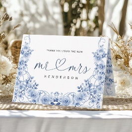 Cartão De Agradecimento Mr & Mrs Watercolor Dusty Blue Floral Wedding