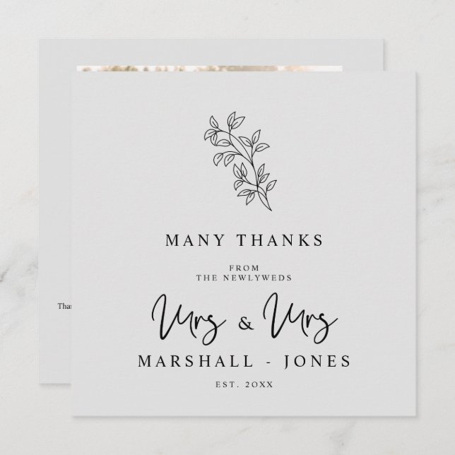 Cartão De Agradecimento MRS & MRS Wedding Black Fancy Minimalist Branches (Frente/Verso)