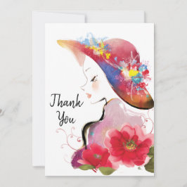 Cartão De Agradecimento Mulher na Floral Hat Watercolor