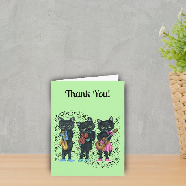 Cartão De Agradecimento Musical Black Cats Music Notes Instruments Green (Black Cat musicians on sheet music instruments colourful clothes on green Thank You card.)