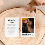 Cartão De Agradecimento Nada de Rico Retro Groovy Foto Casamento<br><div class="desc">Um elegante cartões de agradecimentos fotográfico que combina com nossa coleção de Casamentos de Nada de Rico Apenas Ama Retro Groovy. A frente do design apresenta sua foto personalizada e "obrigado você" em uma fonte retrorada e groovy juntamente com seus nomes e a data em simples tipografia sans serif. A...</div>