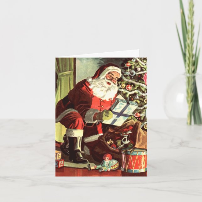 Cartão De Agradecimento Natal Antigo, Papai Noel Retro com Presentes (Frente)