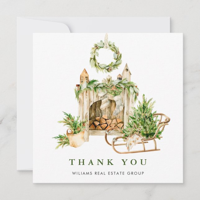 Cartão De Agradecimento Natal Corporativo Elegante Aquarela (Frente)