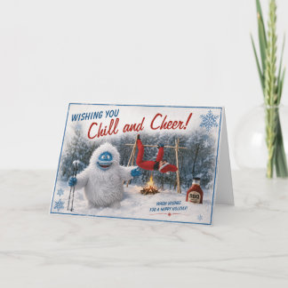 Cartão De Agradecimento Natal engraçado com Yeti e Elfo sendo grelhado no