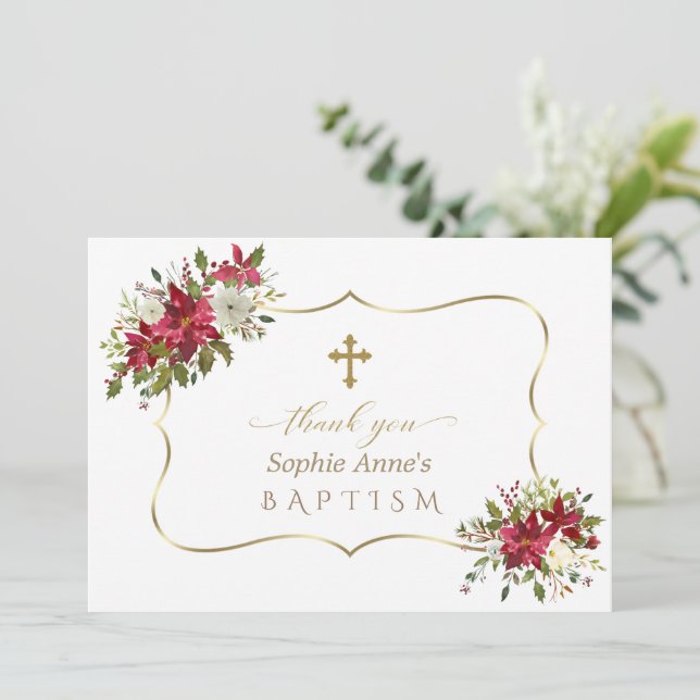Cartão De Agradecimento Natal Feriado Poinsettia Branca Vermelha Baptismo (Em pé/Frente)
