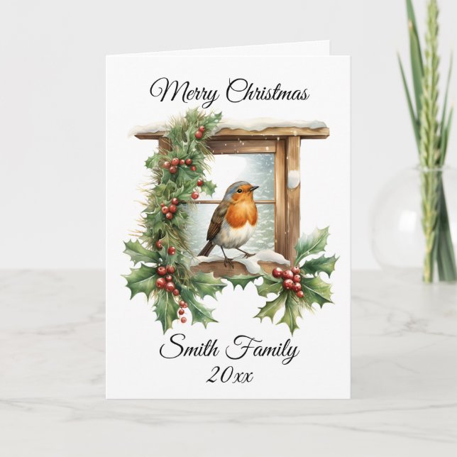 Cartão De Agradecimento Natal Robin e Holly Card (Frente)