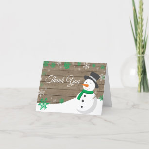 Cartão De Agradecimento Natal Verde Rústico de Inverno Homem de Neve