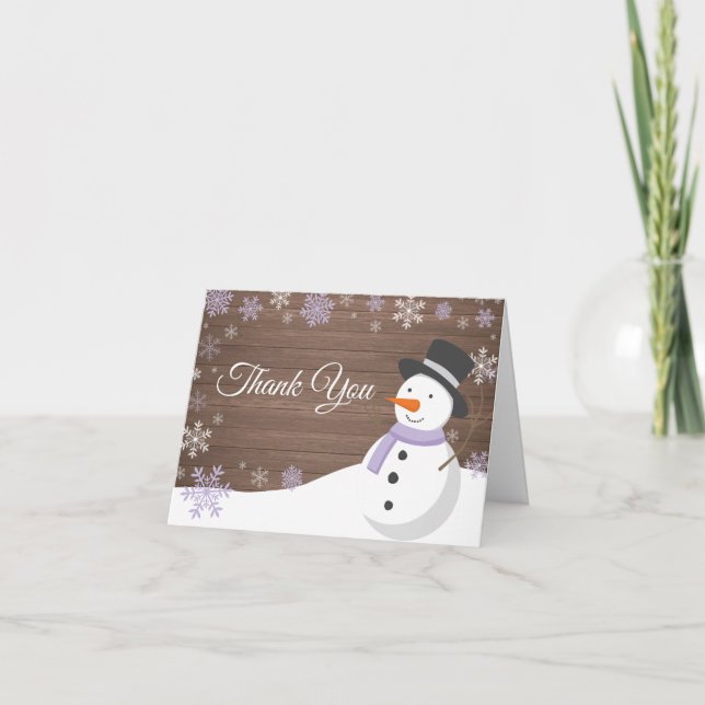 Cartão De Agradecimento Natalino de Inverno Rústico Boneco de Neve Roxo (Frente)