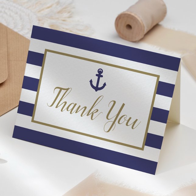 Cartão De Agradecimento Nautical Navy Blue Stripes Anchor Gold Script (Criador carregado)