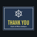 Cartão de agradecimento naval azul marinho e amare<br><div class="desc">Cartão de agradecimento de casamento naval azul marinho e amarelo 
 
  Cartão de agradecimento azul marinho escuro e amarelo com uma ilustração de um leme branco. É perfeito para casamentos com tema náutico ou casamentos com tema de mar e oceano.  



  



  


com 
  



  



  


com 
  


com</div>