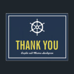 Cartão de agradecimento naval azul marinho e amare<br><div class="desc">Cartão de agradecimento de casamento naval azul marinho e amarelo 
 
  Cartão de agradecimento azul marinho escuro e amarelo com uma ilustração de um leme branco. É perfeito para casamentos com tema náutico ou casamentos com tema de mar e oceano.  



  



  


com 
  



  



  


com 
  


com</div>