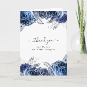 Cartão De Agradecimento Navy and White with Silver Foil Floral Wedding
