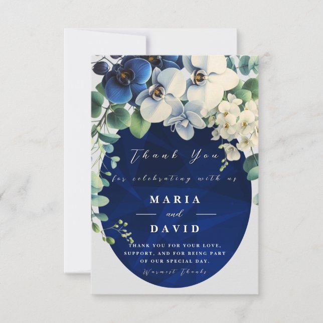 Cartão De Agradecimento Navy Blue Floral Wedding Thank You Card (Frente)