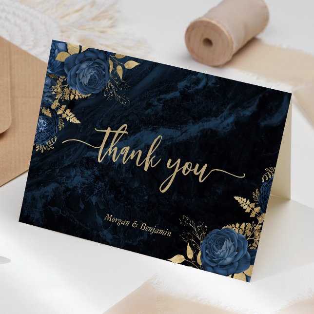 Cartão De Agradecimento Navy Blue Gold Floral Script Wedding (Criador carregado)