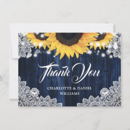 Cartão De Agradecimento Navy Blue Sunflower Wood Elegant Script Wedding