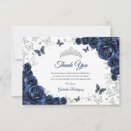 Cartão De Agradecimento Navy Silver Floral Quinceanera