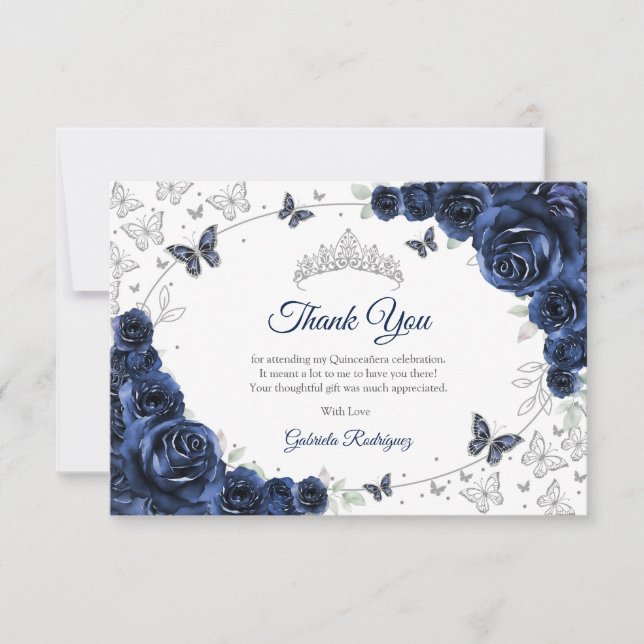 Cartão De Agradecimento Navy Silver Floral Quinceanera (Frente)