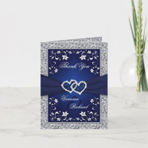 Cartão de Agradecimento Navy Silver Hearts Falso P