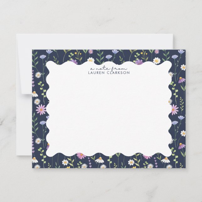 Cartão De Agradecimento Navy Wildflower Wavy Frame Note Card (Frente)