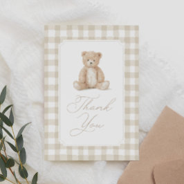 Cartão De Agradecimento Neutral Gingham Teddy Bear Baby Shower