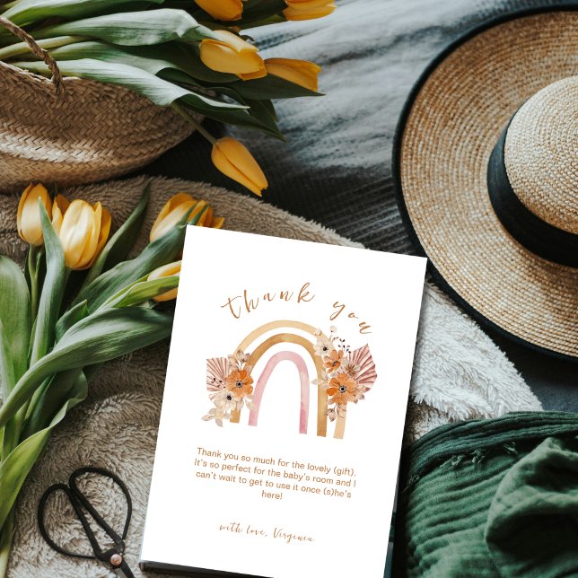 Cartão De Agradecimento Neutral Terracotta Boho Rainbow Chá de fraldas Flo (Neutral Terracotta Boho Rainbow Floral Baby Shower Thank You Card)