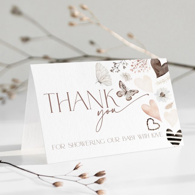 Cartão De Agradecimento Neutral Valentines Baby Shower Butterly Thank You (Thank You Card with hearts and Butterfly)