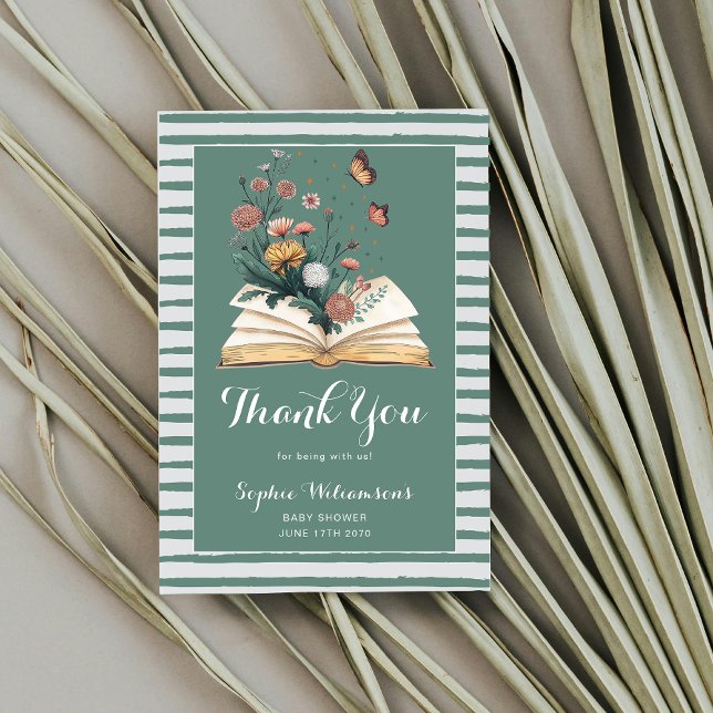 Cartão De Agradecimento New Chapter Storybook Book Flowers Baby Shower  (Criador carregado)