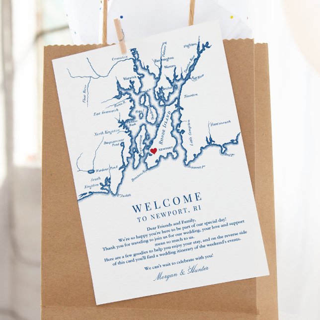 Cartão De Agradecimento Newport RI Wedding Weekend Itinerário de Boas-vind (These Newport Rhode Island wedding welcome letters include a weekend events itinerary on the back)
