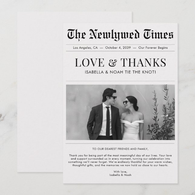 Cartão De Agradecimento Newspaper Style Newlywed Wedding Thank You (Frente/Verso)