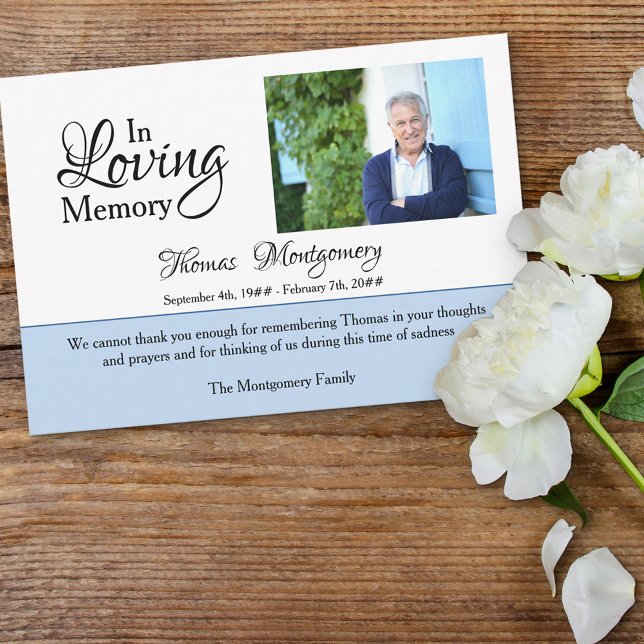Cartão De Agradecimento No Loving Memory Photo Elegant Script Blue Funeral (Criador carregado)