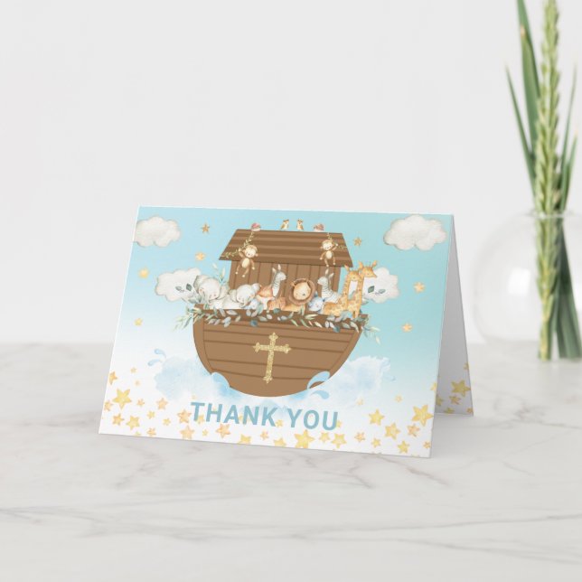 Cartão De Agradecimento Noah's Ark Cute Animal Boy Baptism Christening (Frente)
