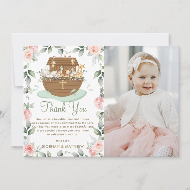 Cartão De Agradecimento Noah's Ark Pink Floral Girl Baptism Christening (Frente)