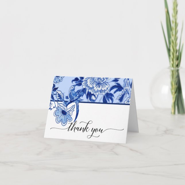 Cartão De Agradecimento Noiva Agradecida Céu Azul Pássaro Floral Chinoiser (Frente)