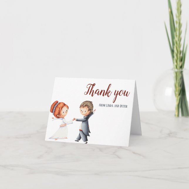 Cartão De Agradecimento Noiva de Ilustração e Casamento de Dança de Groom (Frente)