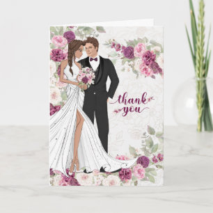 Cartão De Agradecimento Noiva e Noivo Plum Botânico Casamento em Branco