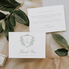 Cartão De Agradecimento Noiva Floral Crest Monograma Casamento Verde Sage