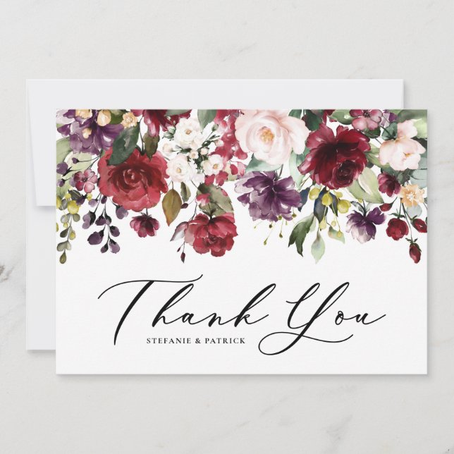 Cartão De Agradecimento Noiva Floral de Aquarela Vermelha e Roxa Casamento (Frente)