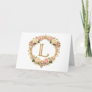 Cartão De Agradecimento Noiva Floral Monograma Letra L Rosa Dourado Rosado