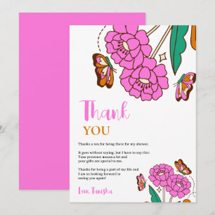 Cartão De Agradecimento Noivos Amantes de Borboletas Rosa Floral Script Ca