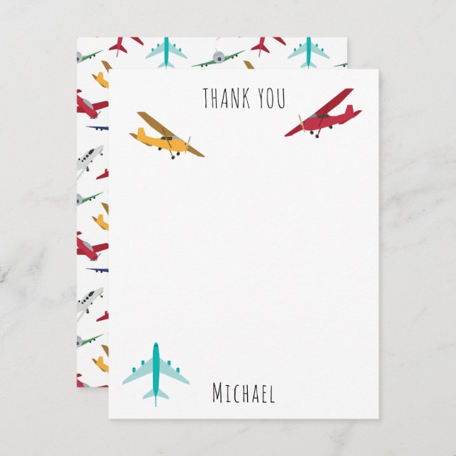 Cartão De Agradecimento Nome Personalizado de Crianças-Padrão de Aviões Co (Frente/Verso)