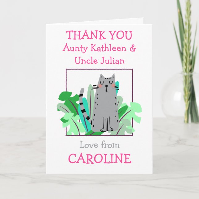 Cartão De Agradecimento Nomes de Tio e Tia para Gatos Fofos Folhas Criança (Frente)