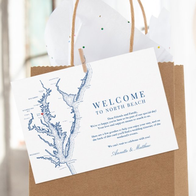 Cartão De Agradecimento North Beach MD Wedding Welcome and Itinerary (Welcome To North Beach Maryland Wedding Itinerary and Weekend Events Letter in elegant navy blue)
