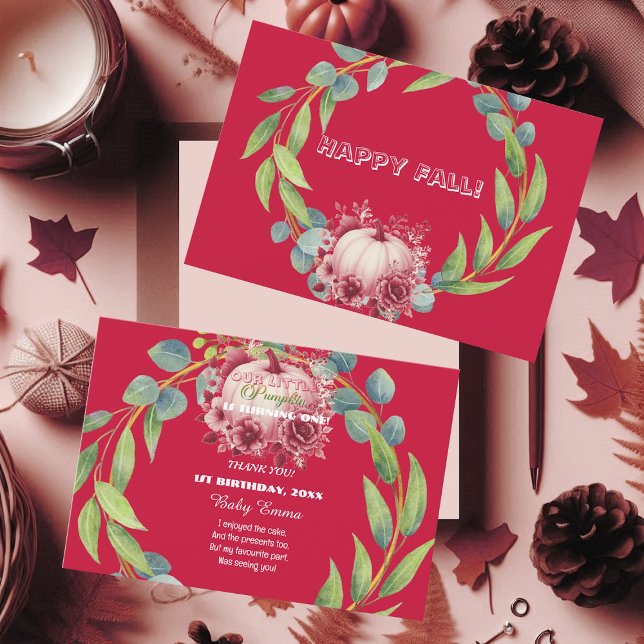 Cartão De Agradecimento Nossa Pequena primeiro aniversario de Abóbora, Ver (Our Little Pumpkin 1st Birthday Green Wreath Pink Thank You Card)